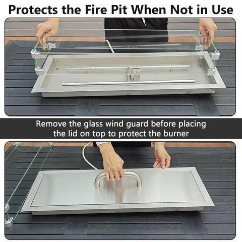30 Inch By 10 Inch Drop In Fire Pit Kit With Premium Stainless Steel Trough And Tempered Glass Wind Guard Built In Outdoor Table Flame Feature For Patio Backyard And Entertaining