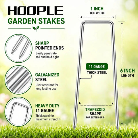 Heavy Duty 6 Inch 11 Gauge Galvanized Landscape Staples 100 Pack For Securing Weed Barrier Fabric Irrigation Hoses Netting And Outdoor Decor Garden Stakes And Sod Pins For Lawn And Patio Projects diagram showing dimensions and features like sharp ends and trapezoid shape