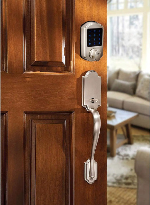 Touchscreen Keypad Deadbolt With Key Fob Access For Exterior Doors installed on a wooden door, Satin Nickel Finish