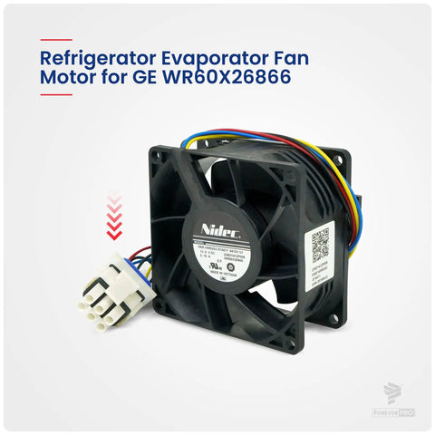DIY Friendly Evaporator Fan Motor Replacement for GE Refrigerator WR60X26866 with visible wiring and connector