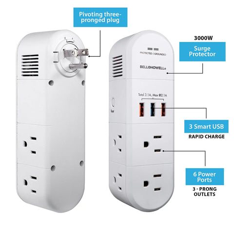 Swivel Power Charging Station With Surge Protection, No-Fuss Nine-Device Charging Hub Featuring Six 3-Prong Outlets And Three USB Ports
