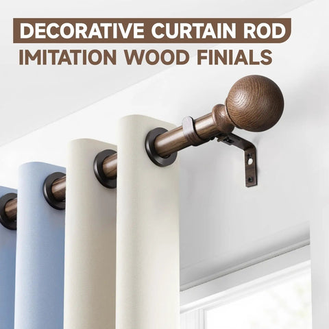 Walnut Wood Grain Curtain Rod Set Go-To Heavy Duty Iron Rods With 1 Inch Diameter Adjustable 28 To 48 Inch Imitation Wood Finish Finials