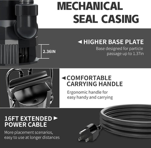1.6HP Submersible Sump Pump With Float Switch 6000GPH features higher base, ergonomic handle, 16ft power cord