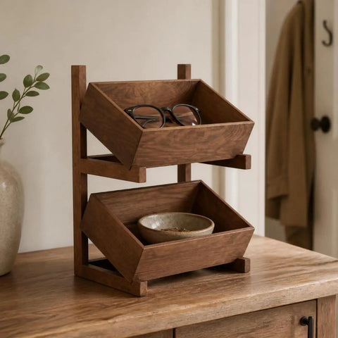 Top Notch Solid Wood Two Tier Floor Storage Rack With Slanted Tray Bins In Warm Brown Finish showing glasses and a bowl.