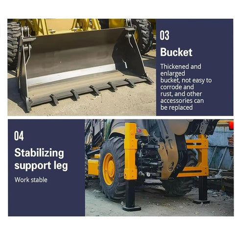 4WD Backhoe Loader With 2.4m Digging Depth bucket and stabilizing support leg, showcasing multi attachments and stability for jobsite versatility.