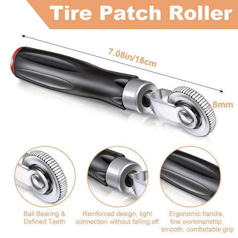 Tire patch roller from On The Go Roadside Tire Patch Kit with ergonomic handle and defined teeth, 18cm length, 8mm width.