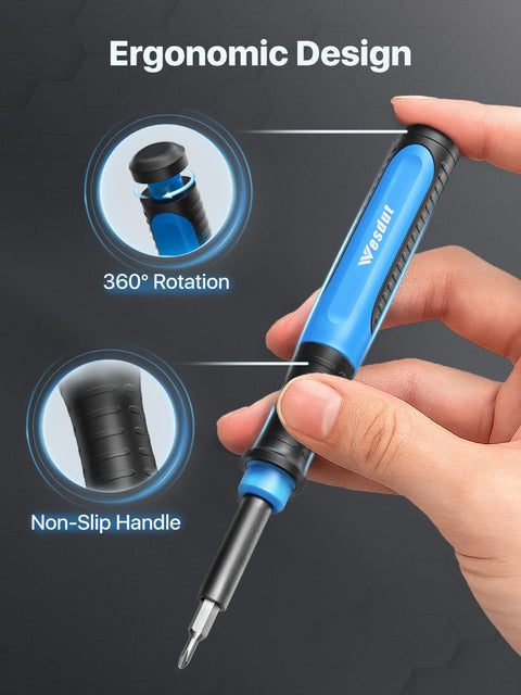 Ergonomic handle of 52 In 1 Precision Screwdriver Kit With Torx And Hex Bits Magnetic Repair Tool Set, showing non-slip grip and 360° rotation.