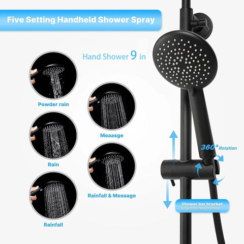 Five setting handheld of Thermostatic Rain Shower System With 9 Inch High Pressure Rain Shower Head And Handheld Set Matte Black
