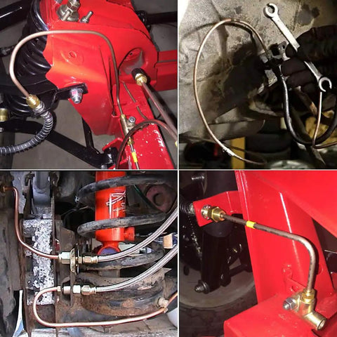 Installation of Brake Line Fitting Kit For 3/16 Inch Tube Inverted Flare Unions, showcasing 10 Brass Fittings and connections on cars.