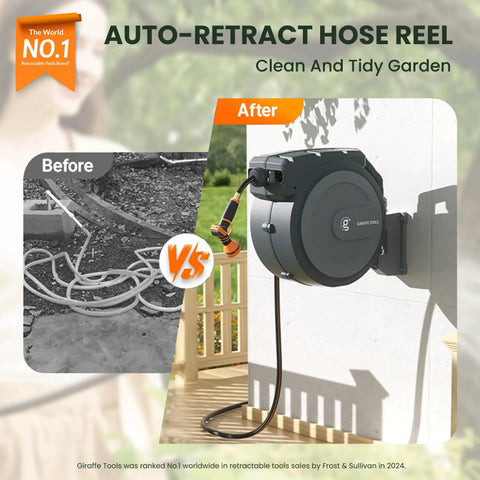 Comparison of garden before and after installing Retractable Garden Hose Reel One Half Inch By One Hundred Feet Built Tough