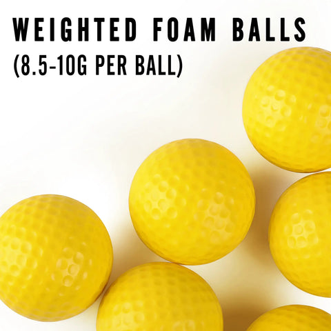 Yellow practice foam golf balls with weighted 8.5-10g foam core for limited flight and true spin training, close-up view.
