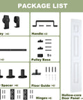 Package contents for 48 By 84 Inch Bifold Barn Door With Complete Hardware Set, including pulleys, rail, and door panel.