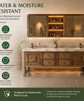 Top Shelf 76 Inch Freestanding Double Sink Bathroom Vanity Featuring Wide Mirror Medicine Cabinet Polished Marble Tops Rustic Wood Carving Details And Serious Storage with water-resistant features.