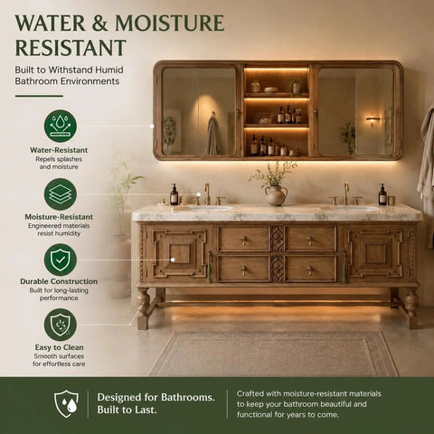 Top Shelf 76 Inch Freestanding Double Sink Bathroom Vanity Featuring Wide Mirror Medicine Cabinet Polished Marble Tops Rustic Wood Carving Details And Serious Storage with water-resistant features.