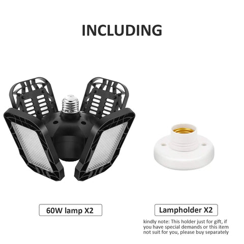 2 Pack 60W Garage Light 4 Panel LED Ceiling Fixture 6500K Daylight, 12000LM High Lumen Output, E26/E27 base shown
