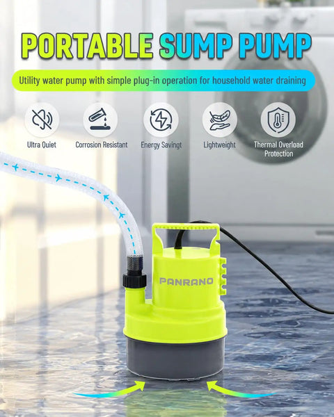 Heavy Boss Level 1HP Submersible Sump Pump, 3700 GPH Water Moving Workhorse, 16.4 Ft Power Cord on a flooded floor.