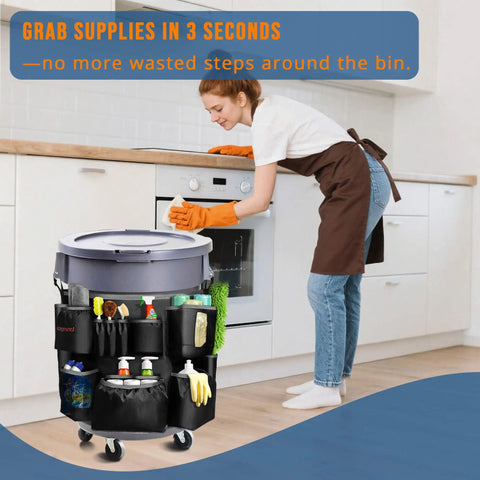 Heavy Duty Trash Can Caddy Apron for 32-55 Gallon Bins with Pro Grade Nylon Organizer in use, showing pockets and adjustable straps
