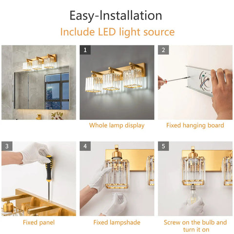 Three Light Gold Crystal Bathroom Vanity Light With Brushed Gold Finish Clear K9 Crystal Shades installation guide