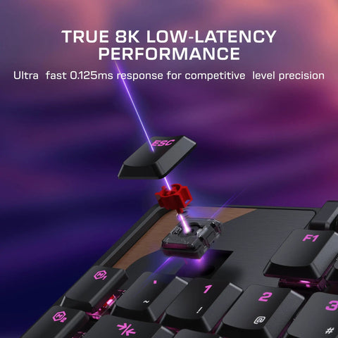 Full Size Mechanical PC Gaming Keyboard With Command Touch Display And Titan Switches For Rapid Macro Setup And Absolutely Lit Zero Lag Clutch Gameplay Ready, showing Titan switch with keycap removed.