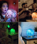 Girl holding glowing moon lamp, couple with a glowing lamp, green and blue moon lamps on bedside tables