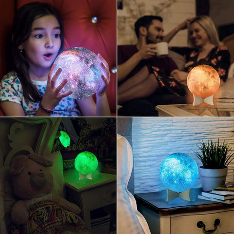 Girl holding glowing moon lamp, couple with a glowing lamp, green and blue moon lamps on bedside tables