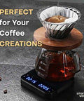 Precision Coffee Scale With Timer For Espresso And Pour Over on table with glass carafe and wooden dripper.