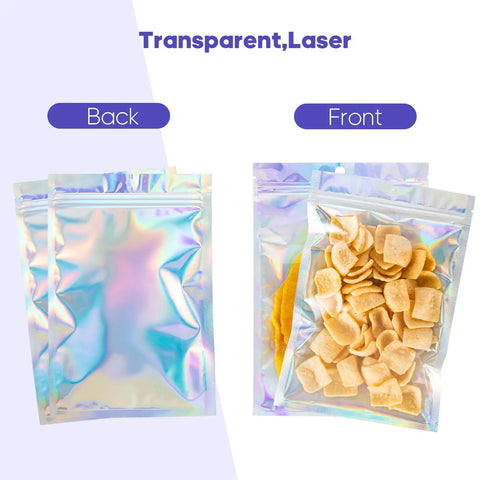 Holographic Packaging Bags 3.1x4.7 Inch Resealable Foil Mylar Pouches Back and Front View