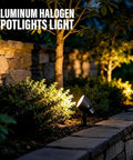 12V Low Voltage LED Landscape Spotlights, 3W Each, illuminating garden path with stone wall and trees at night
