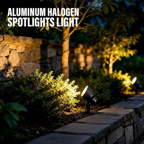 12V Low Voltage LED Landscape Spotlights, 3W Each, illuminating garden path with stone wall and trees at night
