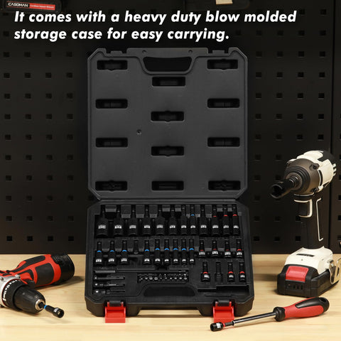 55 Piece Magnetic Nut Driver Set For Impact Drill Deep And Shallow SAE And Metric displayed in open blow-molded case