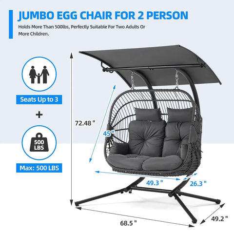 Double Egg Chair With Removable Adjustable Canopy for Outdoor Hangout; oversized grey cushioned hammock for 2-3 people