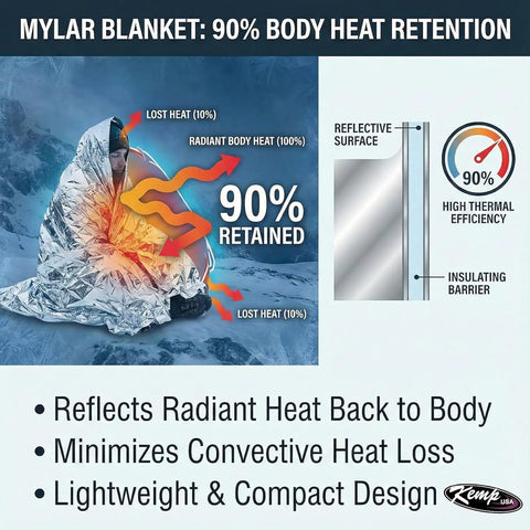 Person wrapped in Emergency Mylar Blanket Set demonstrating 90% body heat retention with thermal diagram in snowy landscape.