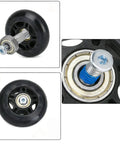 Close-up of 6mm Inline Skate Axle Screws Set, 15/64 Inch Shaft, 35mm Working Length, with roller blade wheel and hex socket bolts