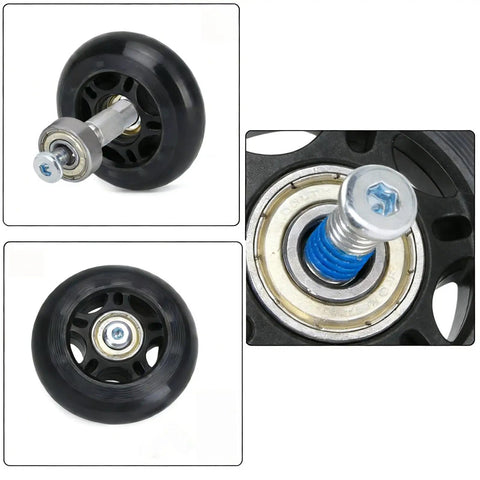 Close-up of 6mm Inline Skate Axle Screws Set, 15/64 Inch Shaft, 35mm Working Length, with roller blade wheel and hex socket bolts
