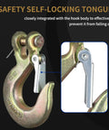Built Like A Tank Clevis Hooks With Secure Safety Latch, 4 Ton Load Rating showing self-locking tongue for secure use.