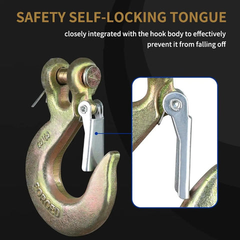 Built Like A Tank Clevis Hooks With Secure Safety Latch, 4 Ton Load Rating showing self-locking tongue for secure use.