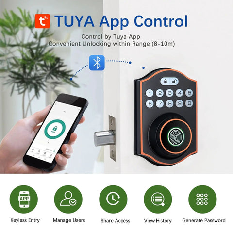 Smooth Keyless Entry Deadbolt With Smart Fingerprint Reader And Electronic Keypad Bluetooth App Control No Sweat Setup, displayed with smartphone app.