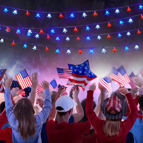 Lit Fourth Of July Decor Red White Blue Stars String Lights 17Ft 50 LED Waterproof Connectable Patriotic Fairy Lights for celebrations