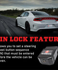 Rear view of a Dodge Charger on a road with Tazer OBD2 Plug In Module For Dodge Charger 2011 To 2023 showing pin lock feature description.