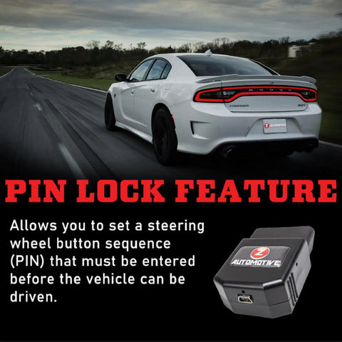 Rear view of a Dodge Charger on a road with Tazer OBD2 Plug In Module For Dodge Charger 2011 To 2023 showing pin lock feature description.