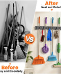 Before and after comparison of broom holder wall mount with four racks and three hooks organizer showing neat storage solution.