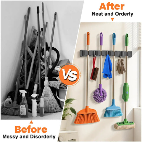 Before and after comparison of broom holder wall mount with four racks and three hooks organizer showing neat storage solution.