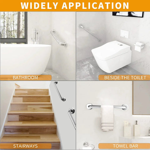 Heavy Duty 24 Inch Brushed Nickel Grab Bars For Bathroom Safety, Solid One Piece Construction With Rust Resistant Finish And Effortless Install, Hella Sturdy Wall Mounted Hand Support, 2 Pack installed in bathroom, beside toilet, and stairs.