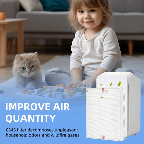 Child and cat playing near C545 Replacement Filter S for Air Purifier Fits 1712-0096-00 and 2522-0058-00 3 Pack