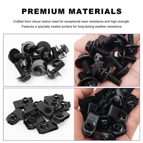 50 Piece M6-1.0 Body Bolts U Nuts Kit With Hex Head Screws and Extruded U Nuts for cars and trucks, shown in hand