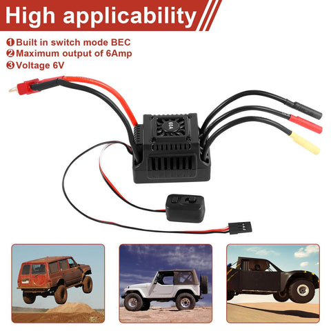 60A Waterproof Dustproof Brushless ESC With Sensorless Tech For One Tenth RC Cars And Trucks Outdoors T Plug Compatible External Programming Port For Easy Tuning Multi Protection Shield Built Tough For Wet Dusty Trails And All Weather Fun, shown with wiring and connectors