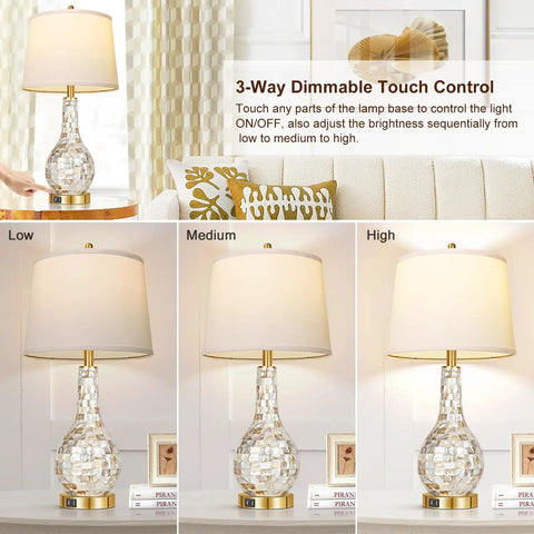 Gold Table Lamps Set Of 2 For Living Room With Shell Tile Inset, showing 3-way touch control and brightness options