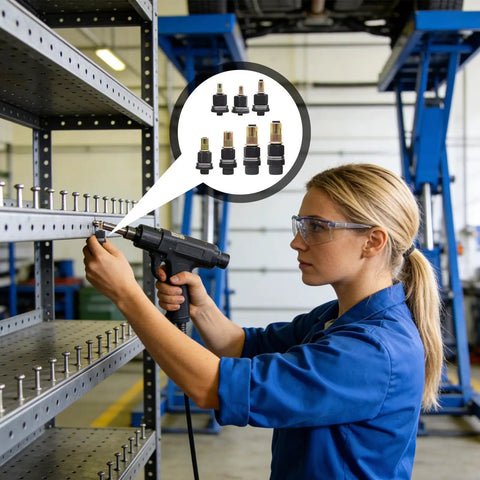 Person using Beefy Rivet Nut Tool Kit Set With 7 Carbon Steel Drill Attachments in workshop for shelving installation