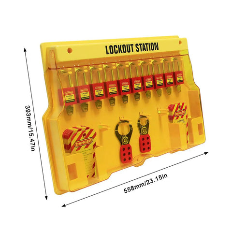 Lockout Tagout Station With Cover For Wall Mount Includes 10 Keyed Padlocks 2 Lockout Hasps 24 Safety Tags with dimensions