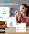 Woman using app with Smart Digital Kitchen Scale With 23 Nutrients Tracking For Weight Loss, App Sync For Auto Logging, Apple Health And Fitbit